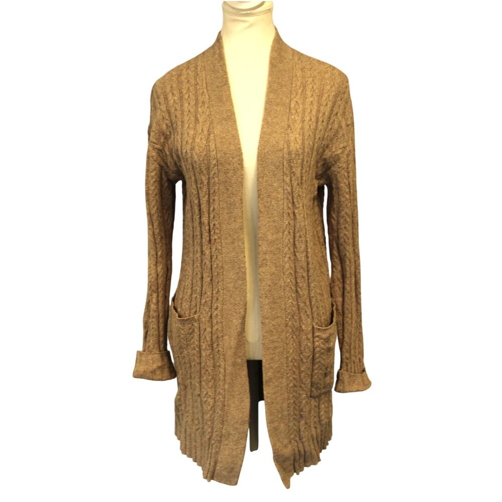 J. Jill Open Front Long Cable Knit Cardigan Pockets Tan Sweater Size XS
